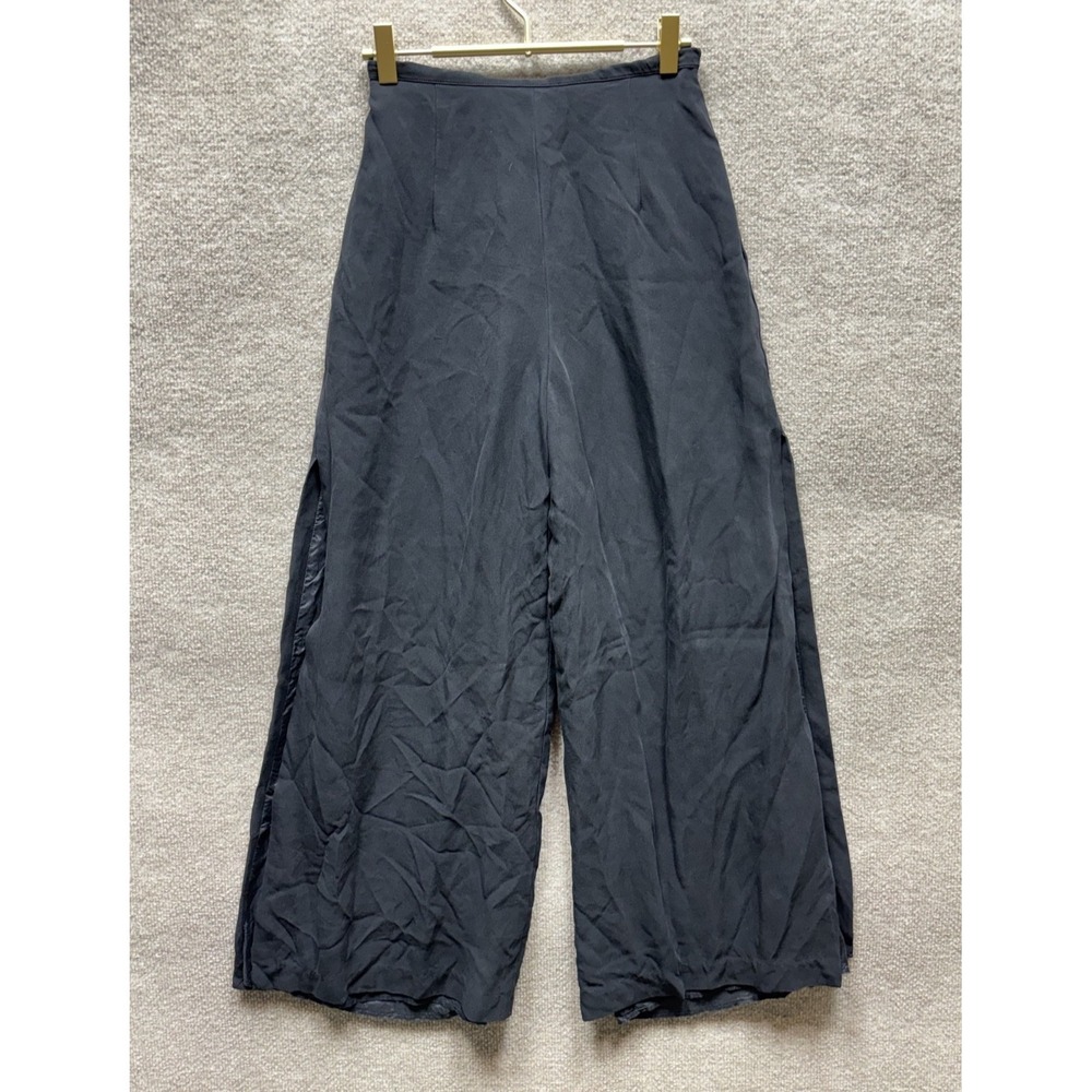 CAtherine Quin Silk Pants Womens Size 4 Black Split Hem High Rise Wide Leg EUC